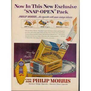 1954 Philip Morris Cigarettes Vintage Print Ad, "Snap-Open" Pack (L5)